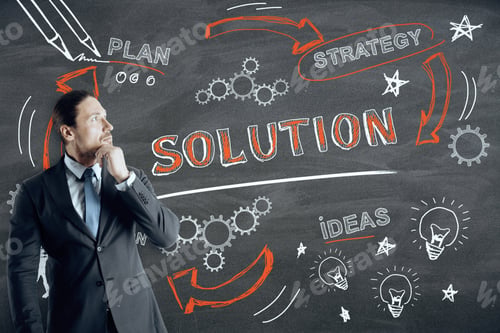 Preview: Success, Finance And Solution Concept. Businessman Drawing Creative Business Sketch On Chalkboard