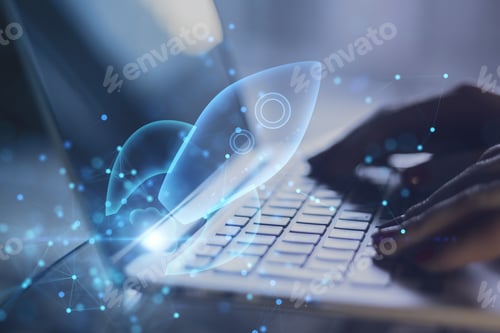 Preview: Close Up Of Backlit Hands Using Laptop With Abstract Glowing Blue Rocket Space Ship On Blurry