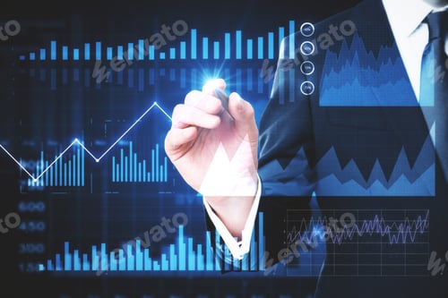 Preview: Businessman Hand Using Abstract Forex Chart Interface On Dark Background. Innovation And Finance