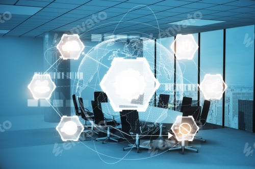 Preview: Modern Conference Room Interior With Glowing Business Chart Projection. Interface And Future