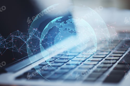 Preview: Close Up Of Laptop With Creative Glowing Globe With Polygonal Connections On Blurry Bright Outdoor