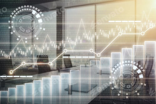 Preview: Creative Digital Business Interface On Blurry Meeting Room Interior Background. Conference And