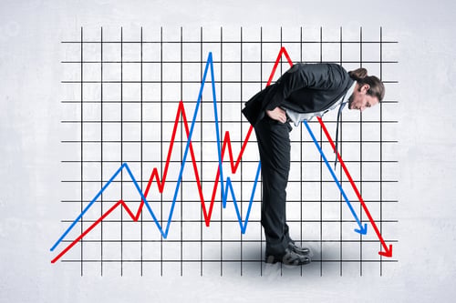 Preview: Businessman Looking Down On Abstract Downward Falling Into Hole Business Chart With Arrow Sketch On