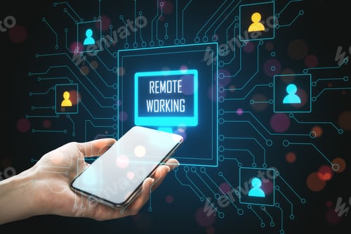 Preview: Hand Holding Phone With Distant Coworking Remote Work Interface. Remote Access Chain Communication