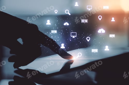 Preview: Hand Holding Digital Tablet With Glowing Social Network Icons. Business And Communication Concept.