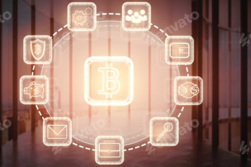 Preview: Abstract Bitcoin Projection In Blurry Office Interior With Panoramic City View And Daylight