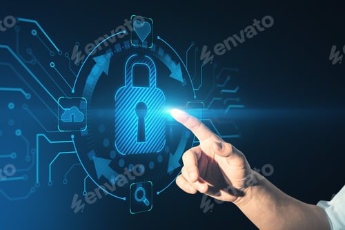 Preview: Businessman Hand Pointing At Abstract Glowing Blue Padlock Hologram On Blurry Background. Internet