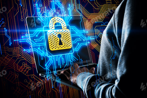 Preview: Hacker Using Laptop With Padlock And Circuit. Data And Criminal Concept. Double Exposure