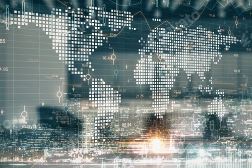 Vista previa: Abstract Blurry Office Interior With Digital Map And Forex Chart. Global Business And Trade
