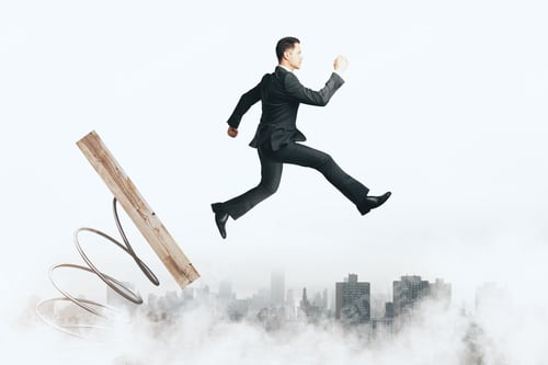 Preview: Abstract Image Of Businessman On Start Up Mechanism. Cloudy Sky Background. Entrepreneurship And