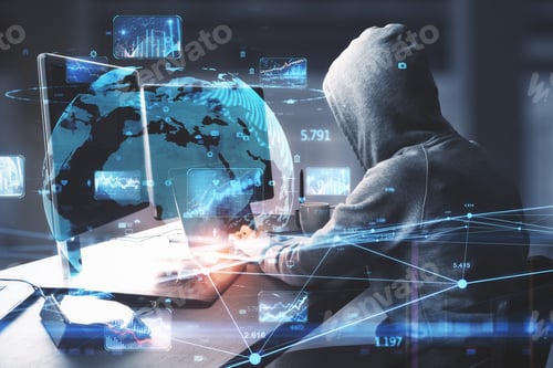 Preview: Hacker At Desktop With Monitors Using Laptop With Creative Glowing Globe Hologram With Forex Charts