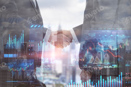 Preview: Side View Of Businessmen Shaking Hands On Abstract Blurry City Background With Glowing Forex Chart