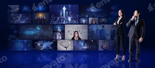 Vista previa: Young European Businesswoman And Man Looking At Media Picture Gallery. Digital Multimedia Concept