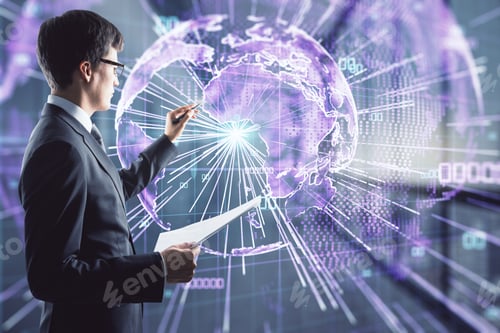 Preview: Businessman Working With Digital World Map Hologram, Networking And Big Data Concept