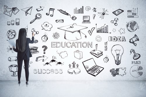 Preview: Back View Of Young Businesswoman Drawing Business Sketch On Wall Of Concrete Interior. Education