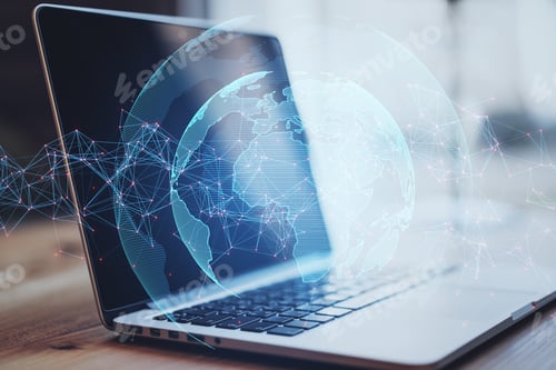 Preview: Close Up Of Laptop Computer On Desktop With Creative Glowing Globe With Polygonal Connections On