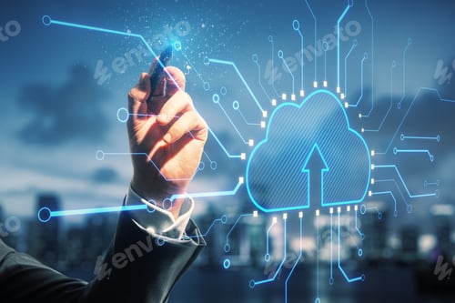 Preview: Close Up Of Businessman Hand Pointing At Abstract Glowing Cloud And Chip Interface On Blurry Night