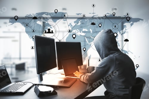 Preview: Hacker Using Computer With Remote Work Interface On Blue World Map. Global Remote Access Chain