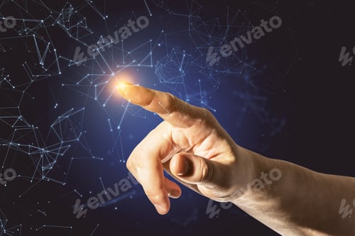 Preview: Hand Touching Creative Polygons Interface. Technology And Science Concept.