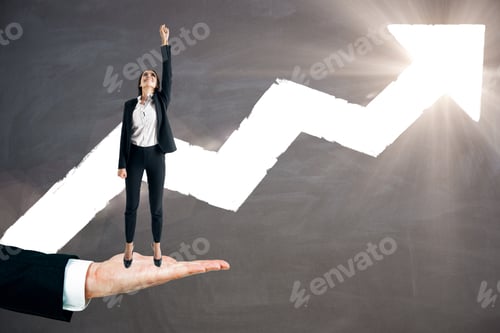 Preview: Abstract Hand Holding Happy Businesswoman With White Arrow Sketch On Chalkboard Wall Background