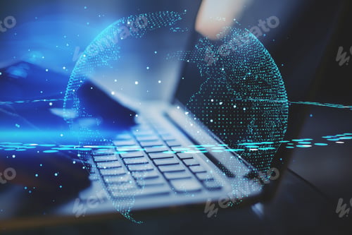 Aperçu: Telecommunication Concept With Digital World Network Map And Hands Typing On Laptop On Background