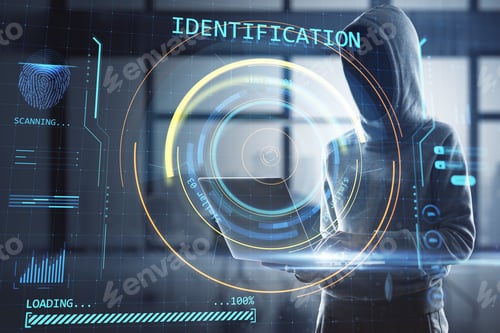 Preview: Hacker In Office Interior Using Laptop With Abstract Round Identification Interface On Blurry