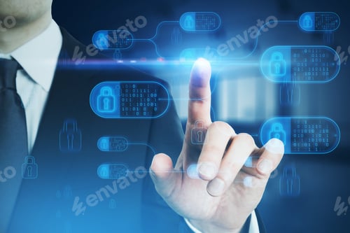 Preview: Close Up Of Male Hand Pointing At Abstract Big Data And Security Nodes Hologram On Blurry