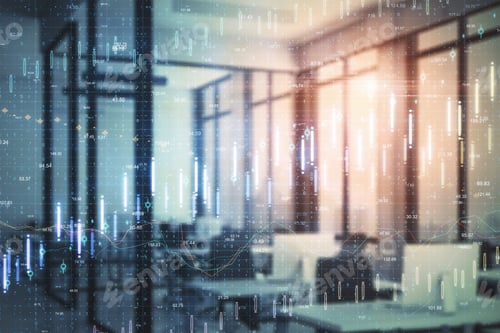 Preview: Contemporary Office Interior With Computer And Forex Chart. Business And Financial Success Concept.