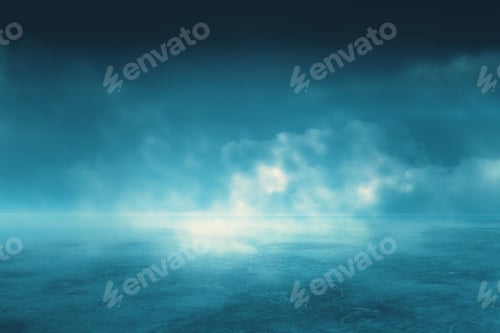 Preview: Creative Background With Concrete Ground And Foggy Clouds And Mock Up Place. Landing Page Concept