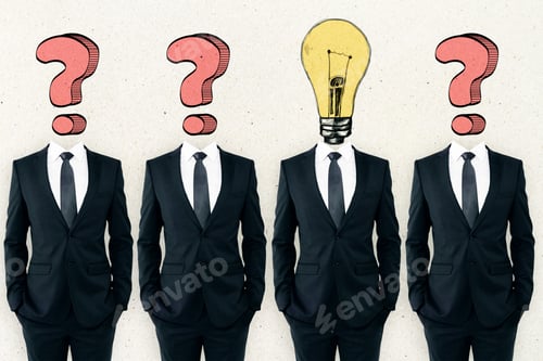 Preview: Question Mark And Lamp Headed Businessmen Standing In Concrete Interior. Leadership And Confidence