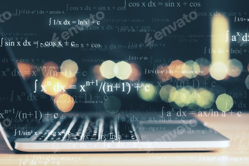 Preview: Programming And Network Concept. Close Up Of Blurry Laptop With Mathematical Formulas. Multiexposure