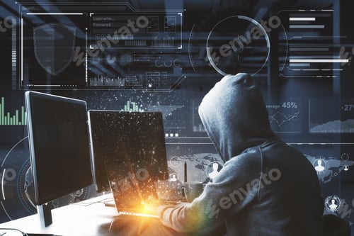 Preview: Hacker Using Computers With Digital Business Interface. Hacking And Theft Concept. Double Exposure