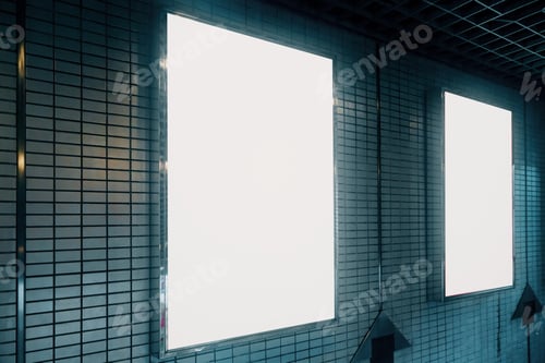 Preview: Side View Of Blank White Underground Billboard On Tile Wall. Advertisement And Commercial Concept