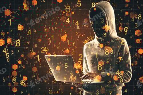Preview: Hacker Using Laptop With Abstract Digital Big Data Interface. Malware And Ai Concept. Multiexposure