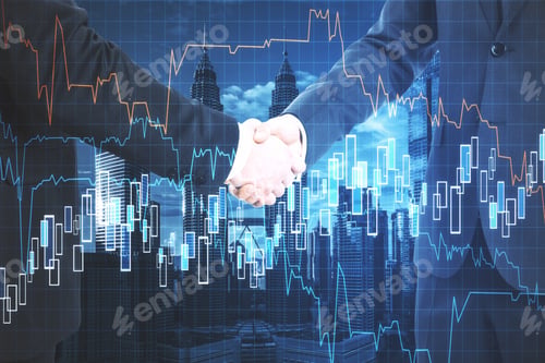 Preview: Businessmans Shaking Hands With Creative Stock Chart On Blurry City Backround. Teamwork And Deal