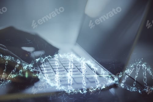 Preview: Close Up Of Hand Typing On Keyboard Laptop With Digital Dna Spiral Hologram. Technology And Trade