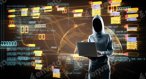 Preview: Internet Security Concept With No Face Hacker Using Laptop At Digital Map With Node Tree And World