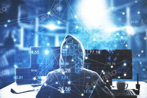 Preview: Hacker Sitting In Office And Using Computer With Creative Glowing Big Data Interface. Hacking And
