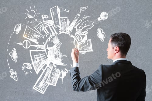 Preview: Side View Of Attractive White Man Drawing Creative Eco Sketch On Concrete Wall Background