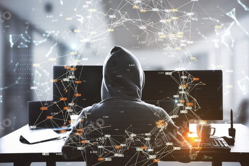 Preview: Hacker At Desktop Using Computers With Creative Glowing Big Data Connections Circle On Blurry