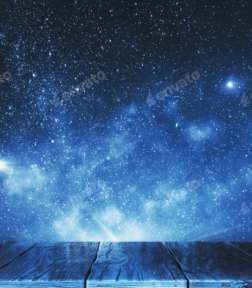Preview: Empty Wooden Surface On Starry Sky Background. Dreams And Design Concept