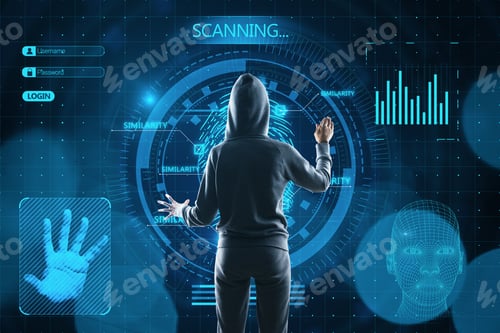 Preview: Back View Of Hacker In Hoodie With Abstract Glowing Finger Scanning Hologram On Dark Background