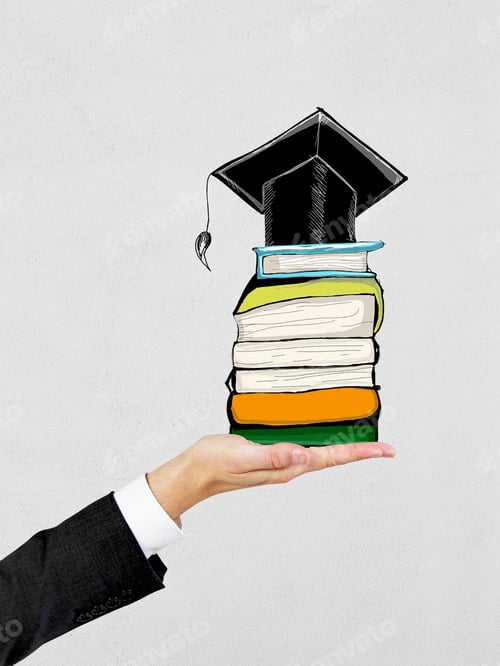 Preview: Businessman Hand Holding Abstract Drawing Of Mortarboard On Top Of Books. Concrete Background