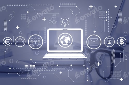 Preview: Notebook Icon With A Globe Inside, Laptop And Glasses In The Background, Worldwide Education And