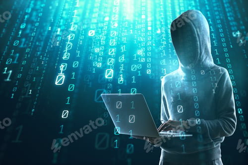 Preview: Hacker Using Laptop With Binary Code. Hacking, Computing And Hack Concept. Double Exposure