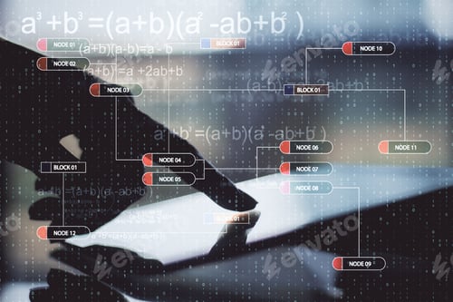 Preview: Close Up Of Hand Using Device With Digital Big Data Interface. Technology, Programming And Software