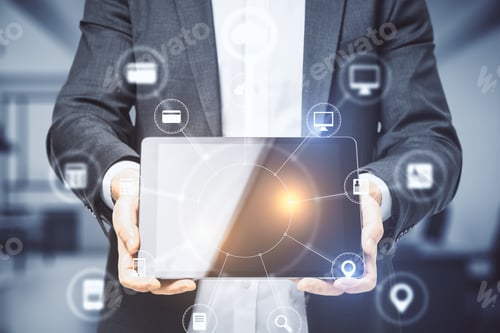 Preview: Businessman Hands Holding Tablet With Abstract Digital Interface On Screen. Technology And