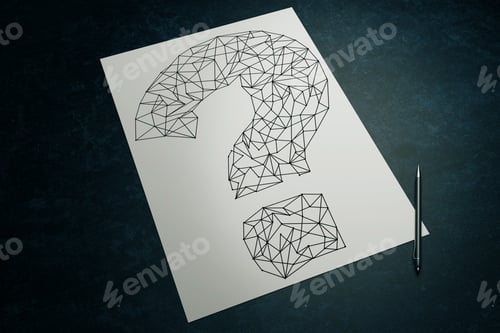 Preview: Top View Of Dark Surface With Creative Sketching Of Polygonal Question Mark And Pen On Paper Sheet