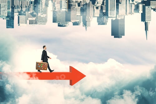 Preview: Businessman Walking on Arrow in Upside Down City