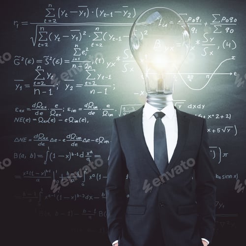 Preview: Light Bulb Headed Businessman In Suit On Chalkboard Background With Mathematical Formulas